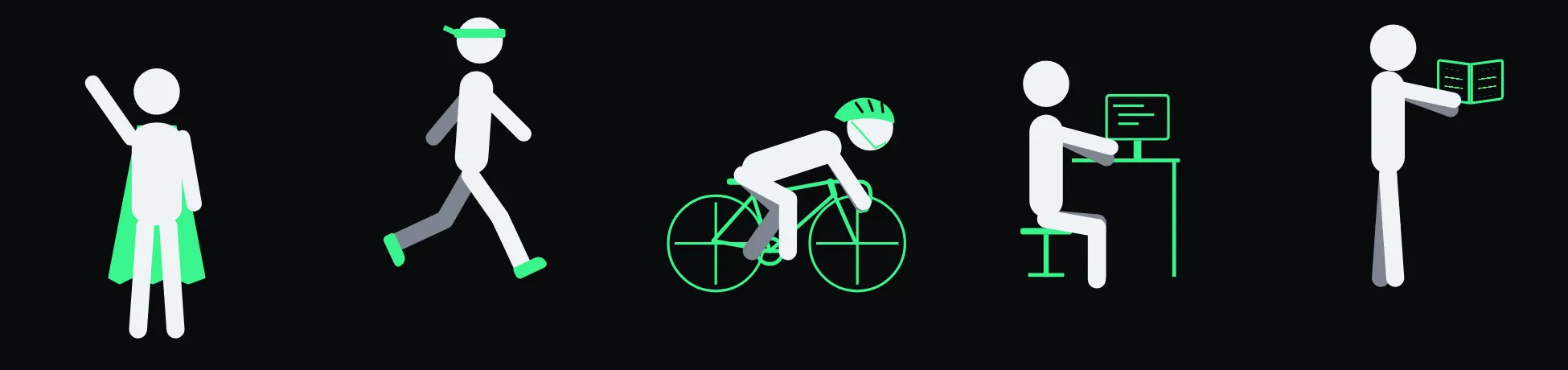 The homepage figure in its five scenes: waving in a cape, running, cycling on a race bike, typing at a desk, and reading a book.